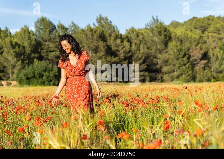 Junge Brünette Frau in einem roten Kleid steht in der Mitte eines Feldes von Mohnblumen berühren die Blumen während lächelnd Stockfoto