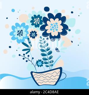Blumenstrauß in einer Tasse. Retro Design Karte für den Muttertag. Vektorgrafik. Stock Vektor