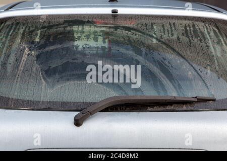 Schmutzige Heckscheibe grau Wagen mit Staub nass nach Regen bedeckt. Stockfoto
