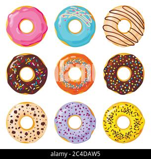 Set von bunten Donuts auf weißem Hintergrund, flache Vektor-Illustration Stock Vektor