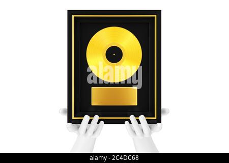 Abstract Mannequin Hands Holding Gold Vinyl oder CD-Preis mit Label in schwarzem Rahmen auf weißem Hintergrund. 3d-Rendering Stockfoto