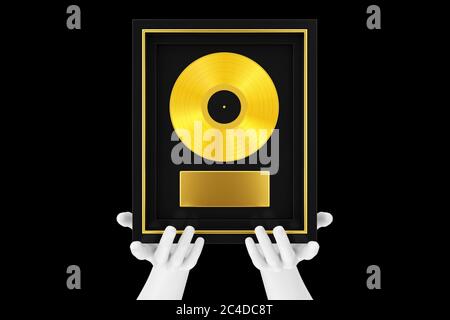 Abstract Mannequin Hands Holding Gold Vinyl oder CD-Preis mit Label in Black Frame auf schwarzem Hintergrund. 3d-Rendering Stockfoto