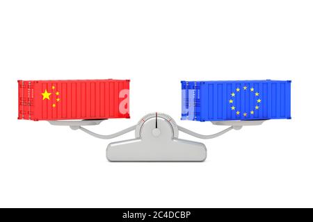 Versandkonzept. Schiffscontainer mit China und EU-Flaggen Balancing auf einer einfachen Gewichtsskala auf weißem Hintergrund. 3d-Rendering Stockfoto
