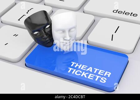 Weiße lächelnde Comedy und schwarze traurige Drama Groteske Theater Maske und Theater Tickets Sign Over Blue Key auf White PC Keyboard extreme Nahaufnahme. 3d-Rendering Stockfoto