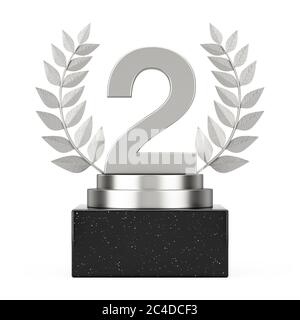 Sieger-Award-Cube Silber Laurel Kranz Podium, Bühne oder Sockel mit Silber Nummer zwei oder zweiten Platz auf weißem Hintergrund. 3d-Rendering Stockfoto