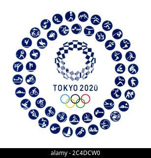 Kiew, Ukraine - 04. Oktober 2019: Offizielles Logo der Olympischen Sommerspiele 2020 mit offiziellen Ikonen der Arten von Sport in Tokio, Japan, ab Juli 24 t Stockfoto