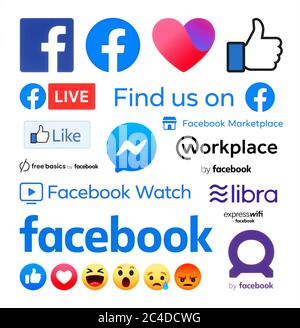 Kiew, Ukraine - 29. Oktober 2019: Alle neuen Facebook-Logos und ihre Apps auf weißem Papier gedruckt. Facebook ist ein bekannter Dienst für soziale Netzwerke Stockfoto