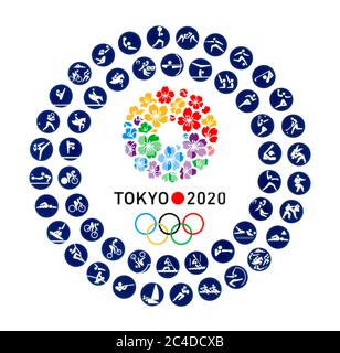 Kiew, Ukraine - 04. Oktober 2019: Tokyo Candidate City Logo für die Olympischen Sommerspiele 2020 mit offiziellen Ikonen der Arten von Sport in Tokio, Japan, f Stockfoto