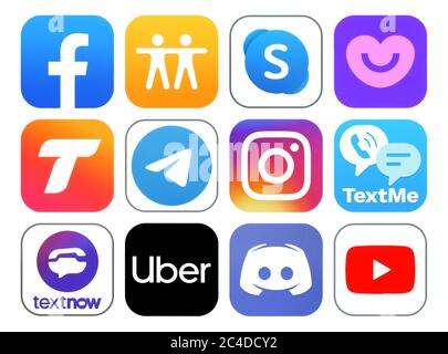 Kiew, Ukraine - 02. November 2019: Neue Icons von beliebten Social Media Apps wie: Facebook, Find My Friends, Badoo Dating, Skype, Telegram, Instagram Stockfoto