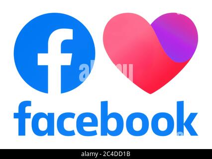 Kiew, Ukraine - 02. November 2019: Neues Facebook Dating App Icon und neue Facebook Logos, gedruckt auf Papier. Facebook ist ein bekanntes soziales Netzwerk Stockfoto