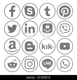 Kiew, Ukraine - 02. November 2019: Sammlung beliebter runder grauer Social Media Icons mit Rand, gedruckt auf weißem Papier: Facebook, Twitter, Instagram, Stockfoto