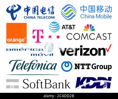 Kiew, Ukraine - 23. Februar 2020: Logos Sammlung der größten weltweiten Telekommunikationsunternehmen, wie: China Telecom, AT&T, Verizon, Telefoni Stockfoto