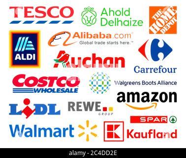 Kiew, Ukraine - 23. Februar 2020: Logos Sammlung der größten weltweiten Einzelhandel, wie: Amazon, Tesco, Alibaba, Lidl, Walmart, Aldi, Auchan, und ot Stockfoto