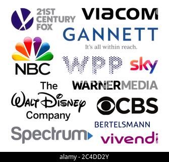 Kiew, Ukraine - 23. Februar 2020: Logos Sammlung der größten weltweiten Rundfunkanstalten, wie: 21st Century Fox, Viacom, Gannet, NBC, WPP, Stockfoto
