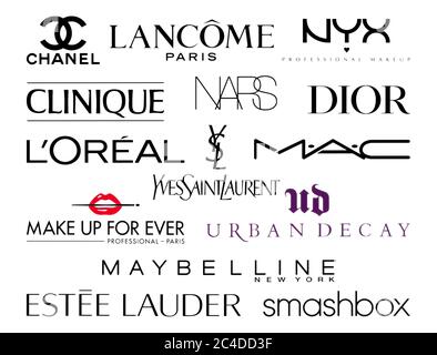 Kiew, Ukraine - 23. Februar 2020: Logos Sammlung der größten Welt Mode-und Kosmetikunternehmen, wie: Channel, Lancome, Nars, Dior, Lorea Stockfoto