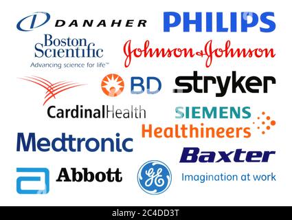 Kiew, Ukraine - 23. Februar 2020: Logos Sammlung der größten weltweit Hersteller von medizinischen Geräten, wie: Danaher, Boston Scientific, Johnson Stockfoto