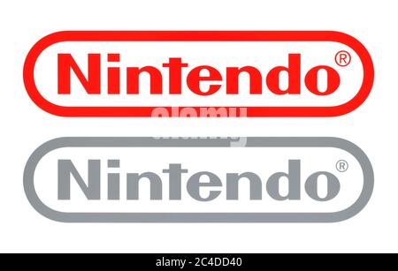 Kiew, Ukraine - 23. Februar 2020: Neue und alte Nintendo-Logos, gedruckt auf weißem Papier. Nintendo ist ein japanischer multinationaler Unterhaltungselektronik und V Stockfoto