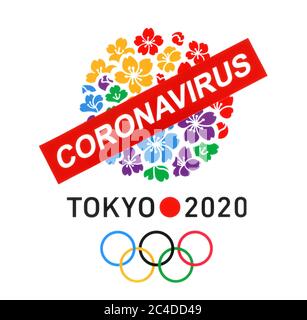 Kiew, Ukraine - 20. März 2020: Tokyo Logo als Bewerberstadt für die Olympischen Sommerspiele 2020 auf Papier gedruckt und mit dem Papierschild Coronavirus durchgestrichen. Stockfoto