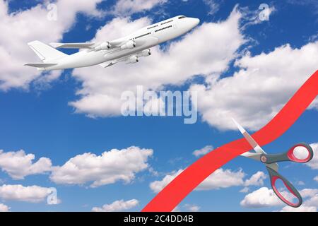 Flüge nach dem COVID-19 Quarantänekonzept öffnen. Scheren schneiden rotes Band vor blauem wolkigen Himmel mit weißem modernen Passagierflugzeug extrem Stockfoto