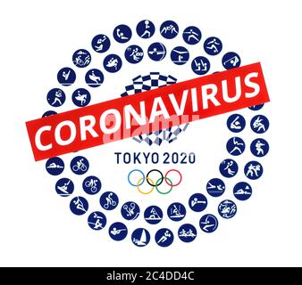 Kiew, Ukraine - 20. März 2020: Logo der Olympischen Sommerspiele 2020 mit offiziellen Symbolen der Sportart in Tokio, Japan, auf Papier gedruckt und durchgestrichen Stockfoto