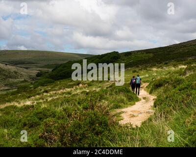 Paar wandern auf Dartmoor, Devon, Großbritannien Stockfoto