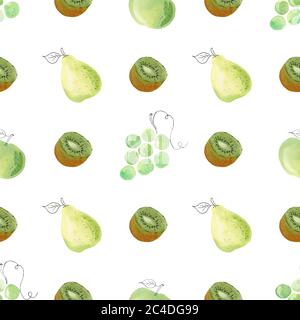 Wasserfarbe grüne Trauben, Kiwi, Birne Obst Cliparts. Nahtloses Muster Digitalpapier. Handgemalte Illustration isoliert auf weißem Hintergrund. Stockfoto
