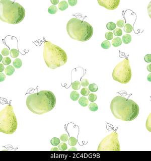 Aquarell grüne Früchte Cliparts. Trauben Apfel und Birne nahtlose Muster Digitalpapier. Handgemalte Illustration isoliert auf weißem Hintergrund. Küche Stockfoto