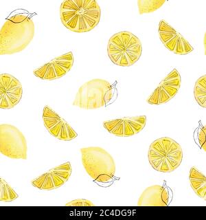 Zitronengelbe Frucht Aquarell Cliparts. Nahtloses Muster Digitalpapier. Handgezeichnete Illustration isoliert auf weißem Hintergrund. Grafiken für Wohnkultur, Stockfoto