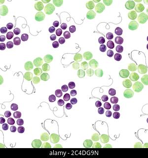 Aquarell Trauben Obst Cliparts. Nahtloses Muster Digitalpapier. Handgezeichnete Illustration isoliert auf weißem Hintergrund. Grafiken für Heimtextil Stockfoto