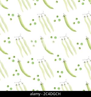 Erbsen Gemüse Digitalpapier. Nahtloses Muster Aquarell Cliparts. Handgemachte Illustration isoliert auf weißem Hintergrund. Scrapbooking Grafiken, Wandverhang Stockfoto