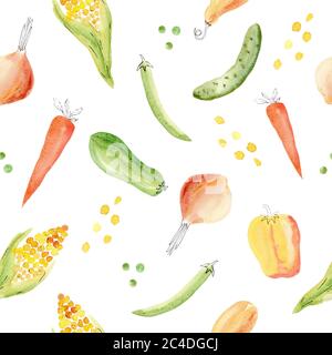 Aquarell Gemüse digitale Papier Cliparts. Nahtloses Muster handbemalte Illustration isoliert auf weißem Hintergrund. Grafiken für Küche Dekor, Text Stockfoto