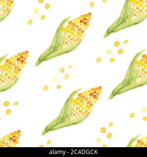 Aquarell gelb Mais Cob Gemüse Cliparts. Nahtloses Muster Digitalpapier. Handgezeichnete Illustration isoliert auf weißem Hintergrund. Grafiken für zu Hause Stockfoto