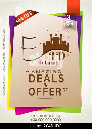 Eid Mubarak Verkauf 50% Rabatt Banner Vorlage, 3 Tage erstaunliche Angebote und Angebot, Web-Hintergrund, Vektor-Illustration Stock Vektor