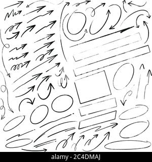 Handgezeichnete Pfeile Kreise und Rechtecke abstrakt Doodle Schrift Design-Set Stock Vektor