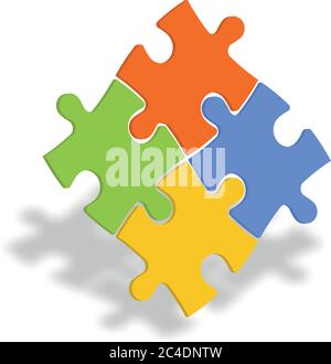 4 bunte Puzzle-Teile. Teamzusammenarbeit, Teamarbeit oder Lösungsgeschäft. 3D-Vektorgrafik mit Schlagschatten. Stock Vektor