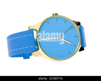 Armbanduhr. Blaues Zifferblatt mit goldenem Gehäuse und blauem Lederarmband. 3d-Rendering-Illustration Stockfoto