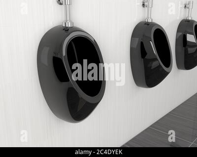 Schwarze Urinale in der öffentlichen Toilette der Männer. Moderne keramische Urinale hängen an der gefliesten Wand. 3d-Rendering-Illustration Stockfoto