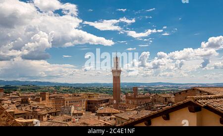 Erhöhte Sicht auf die Terrakotta-Dächer von Siena mit Torre del Mangia in der Ferne. Toskana, Italien. Stockfoto