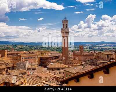 Erhöhte Sicht auf die Terrakotta-Dächer von Siena mit Torre del Mangia in der Ferne. Toskana, Italien. Stockfoto