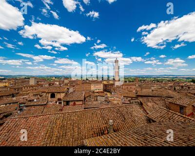 Luftaufnahme der Dächer von Siena und des Torre del Mangia. Toskana, Italien. Stockfoto