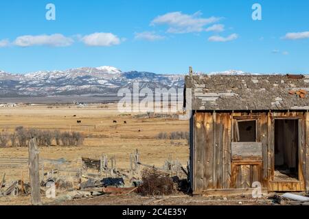 Eine ländliche Utah Landschaft, mit einer alten Holzhütte im Vordergrund und schneebedeckten Bergen in der Ferne Stockfoto