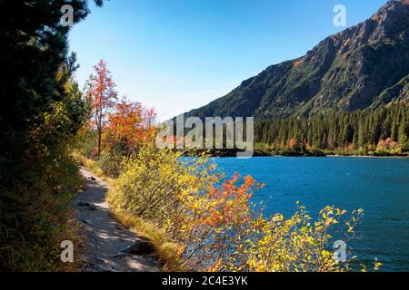 Schöner herbstlicher Wanderweg am Poprader See in der Hohen Tatra in der Slowakei Stockfoto