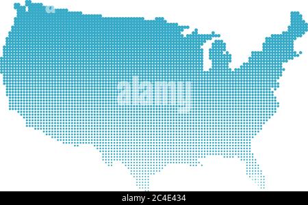 Halbtonkarte der USA. Karte der Vereinigten Staaten von Amerika aus Punkten. Blaue Abbildung auf weißem Hintergrund. Stock Vektor