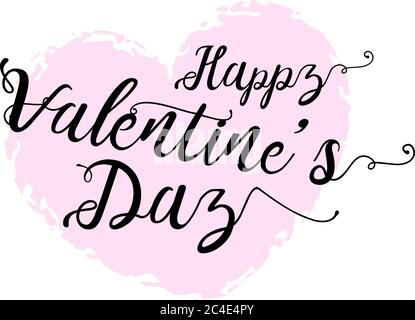 Happy Valentines Day Karte mit Kalligraphie Text und rosa Herz auf dem Hintergrund. Flache Vektorgrafik. Stock Vektor