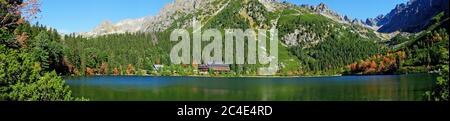 Panoramafoto des Poprader Sees mit Bergen im Hintergrund im Nationalpark hohe Tatra, Slowakei Stockfoto