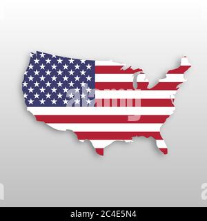 USA Flagge in Form einer US-Kartensilhouette. Symbol Vereinigte Staaten von Amerika. Vektordarstellung mit abfallendem Schatten auf grauem Hintergrund. Stock Vektor