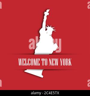 Freiheitsstatue weißes Papier Schneiden in roter Grußkartentasche mit Etikett Willkommen in New York. United States Symbol und Unabhängigkeit Tag Thema. Vektorgrafik. Stock Vektor