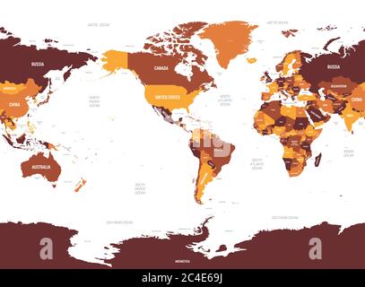 Weltkarte - Amerika im Zentrum. Braun orange Farbton auf dunklem Hintergrund gefärbt. Hoch detaillierte politische Karte der Welt mit Land-, Meer- und Meeresnamen Kennzeichnung. Stock Vektor