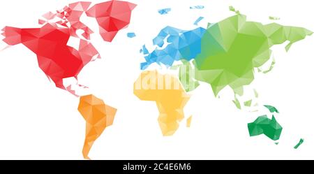 Low Poly Karte der Welt in sechs Kontinente nach Farbe unterteilt. Polygonales Vektordesign mit Schlagschatten. Stock Vektor