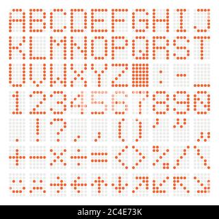 LED-Punktmatrix-Panel. Buchstaben, Zahlen, Satzzeichen, arithmetische Zeichen, grundlegende Emoticons und Navigationspfeile. Retro Digitalanzeige. Vektorgrafik. Stock Vektor